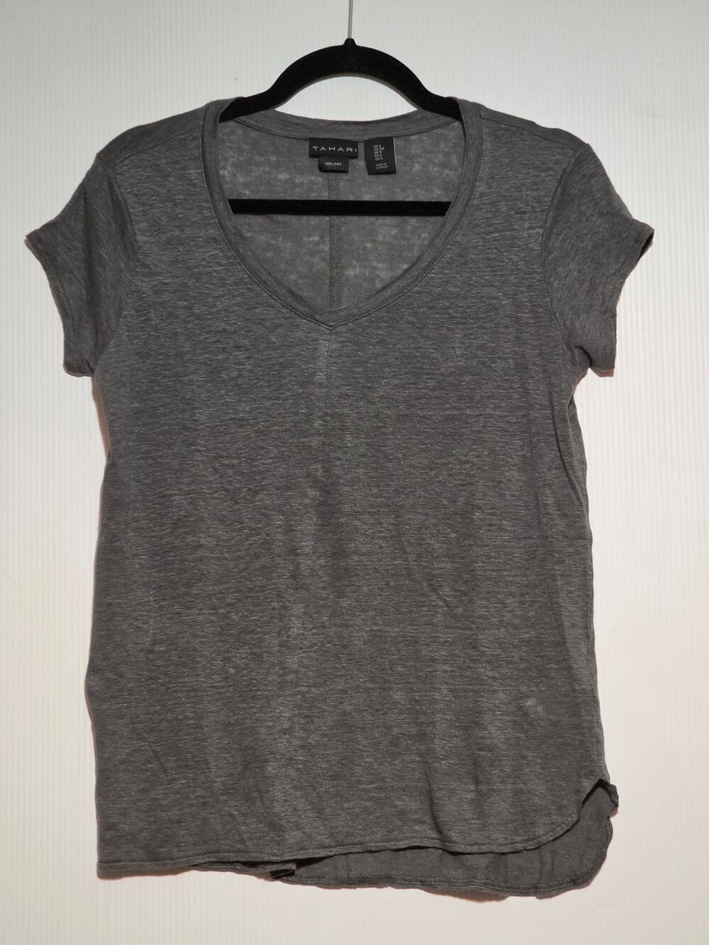 S Tahari Gray 100% Linen V-Neck Tee Short Sleeve Lightweight Resort Casual